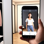 **AR Virtual Fitting Room:** A person virtually trying on clothes using a smartphone AR app in a modern apartment. Showcase the convenience and realistic rendering of the clothing on the individual.