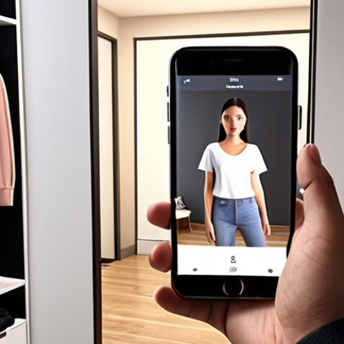 Home 15 **AR Virtual Fitting Room:** A person virtually trying on clothes using a smartphone AR app in a modern apartment. Showcase the convenience and realistic rendering of the clothing on the individual.