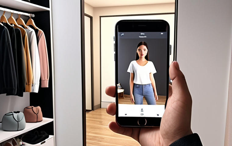 **AR Virtual Fitting Room:** A person virtually trying on clothes using a smartphone AR app in a modern apartment. Showcase the convenience and realistic rendering of the clothing on the individual.