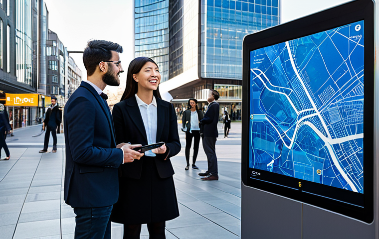A diverse group of professional individuals in modest business attire are interacting seamlessly with advanced technology in a vibrant, futuristic smart city square. The urban landscape features sleek, modern architecture, interactive digital displays on building facades, intelligent streetlights, and autonomous public transport. In the background, a smart retail area is visible, with large interactive screens showcasing products. Citizens are engaging with holographic maps and smart information kiosks. The atmosphere is bustling and technologically integrated, yet clean and organized.
safe for work, appropriate content, fully clothed, professional, family-friendly, perfect anatomy, correct proportions, natural pose, well-formed hands, proper finger count, natural body proportions, high-quality professional photography, detailed, realistic.